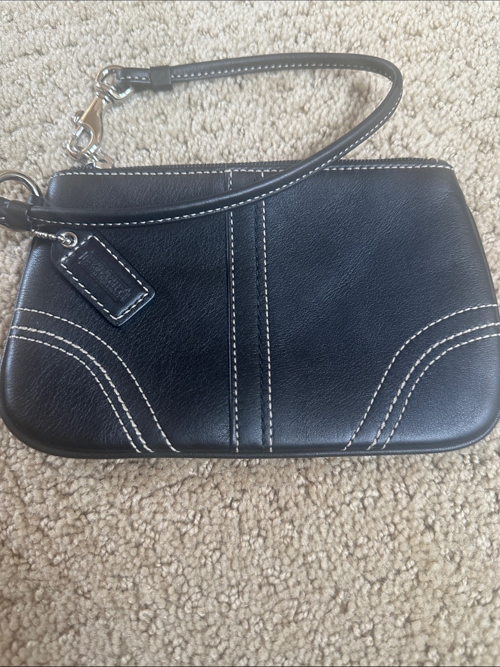 Coach Black Leather Wristlet with Contrast Stitching
